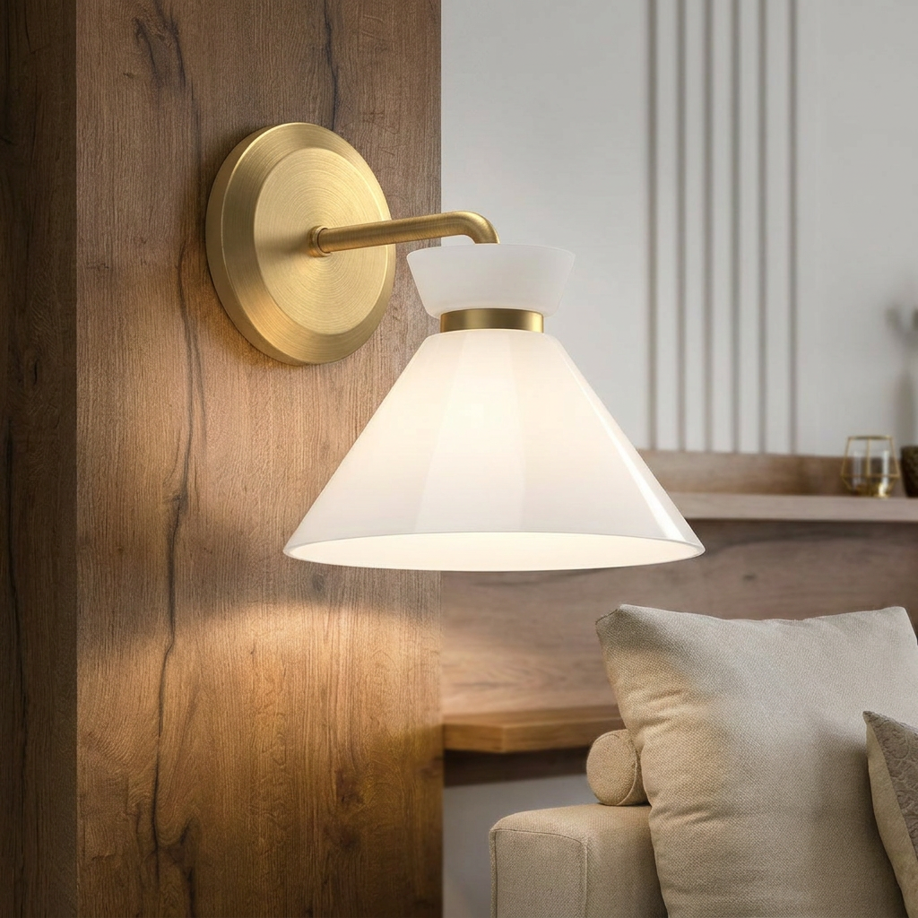 Gold wall sconce with a white conical glass shade mounted on a wooden wall above a beige sofa.