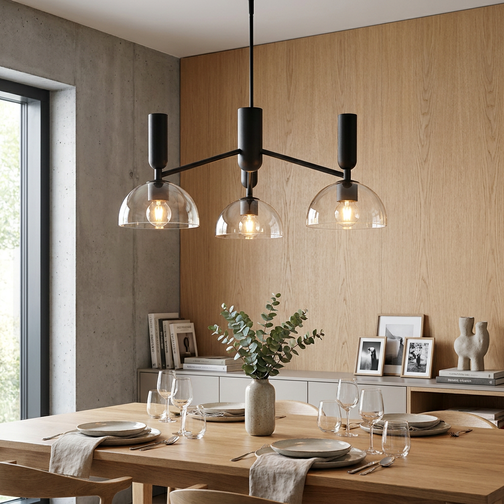 Alora Mood Jude 3-light black chandelier with clear glass domes over a set wooden dining table in a modern room.