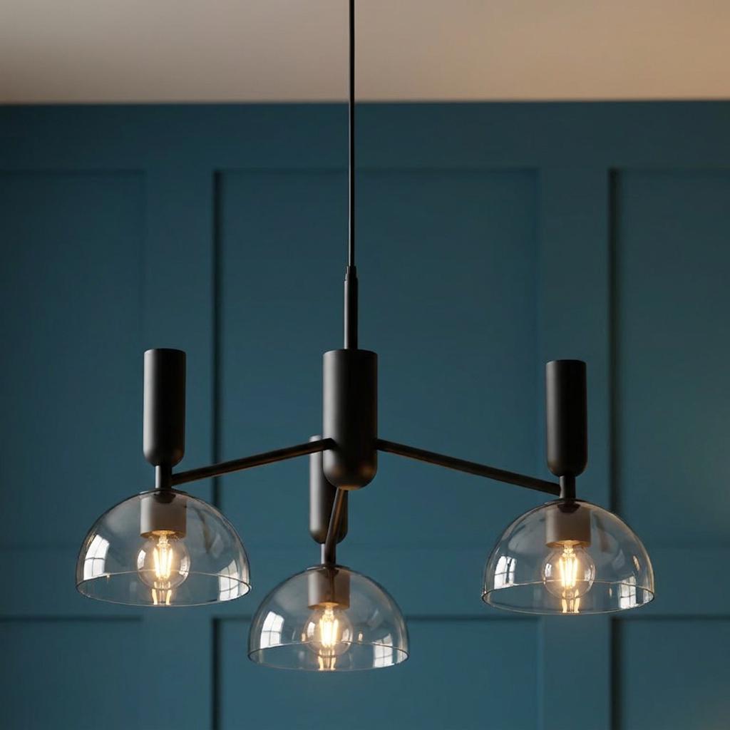 Modern black three-light chandelier with clear glass dome shades against a dark teal paneled wall.