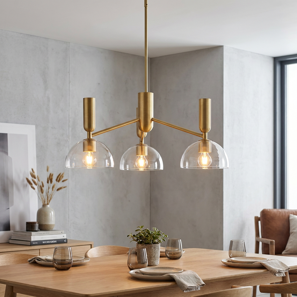 Alora Mood Jude 3-light gold chandelier with clear glass dome shades over a wooden dining table in a modern room.