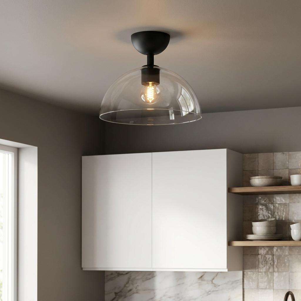 Alora Mood Jude black semi-flush ceiling light with a clear glass dome shade and Edison bulb in a kitchen.