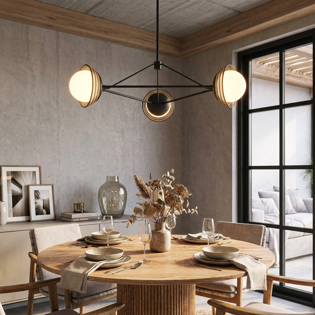 Alora Mood Perth 3-light black chandelier with woven shades over a wooden dining table in a modern room.