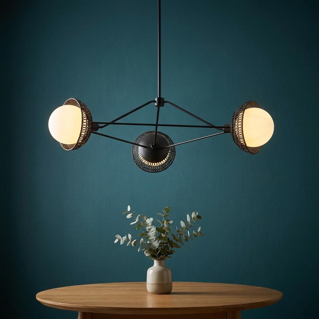 Black three-light chandelier with white globes hanging over a wooden table against a teal wall.