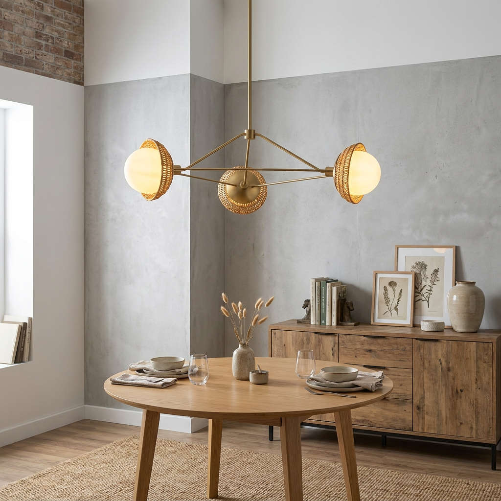 Gold three-light chandelier with woven rattan accents hanging above a wooden dining table in a neutral-toned room.
