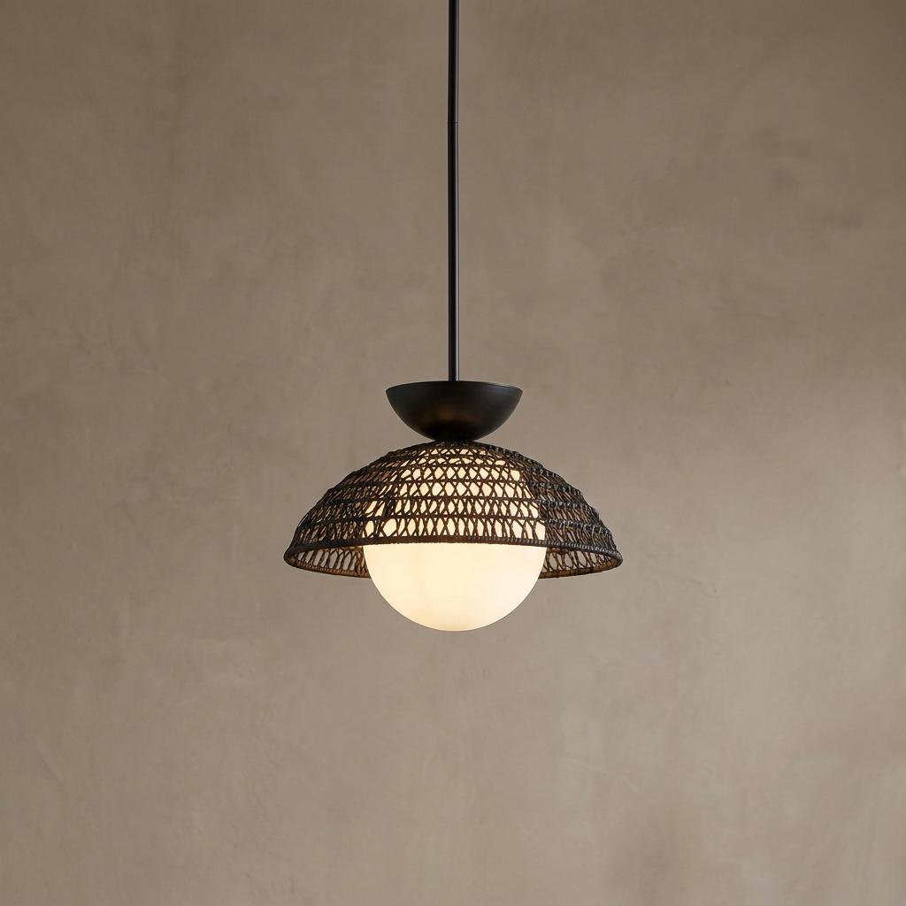 Black mesh dome pendant light with a white globe bulb hanging against a textured beige wall.