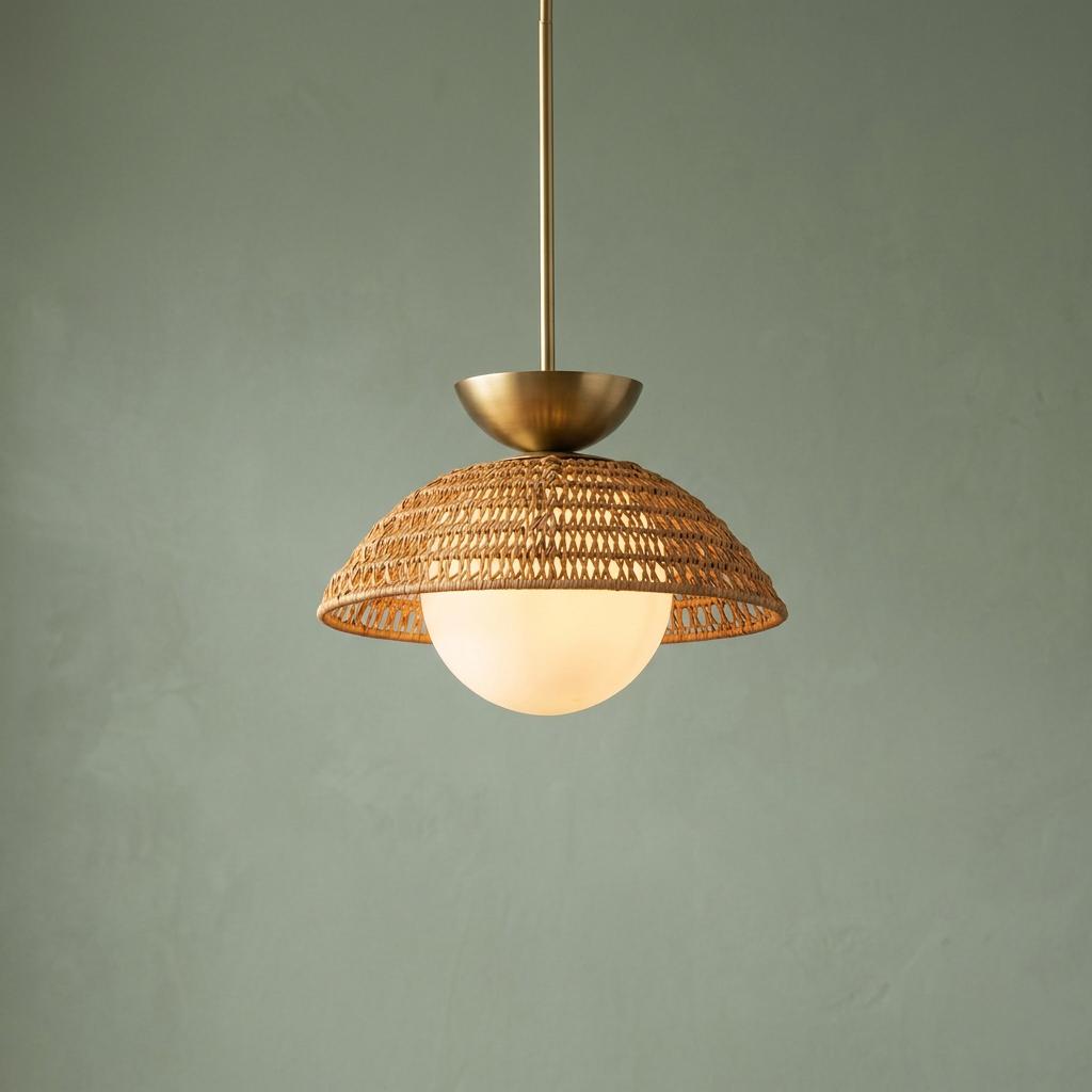 A gold pendant light featuring a woven wicker shade and a glowing opal globe, set against a green wall.