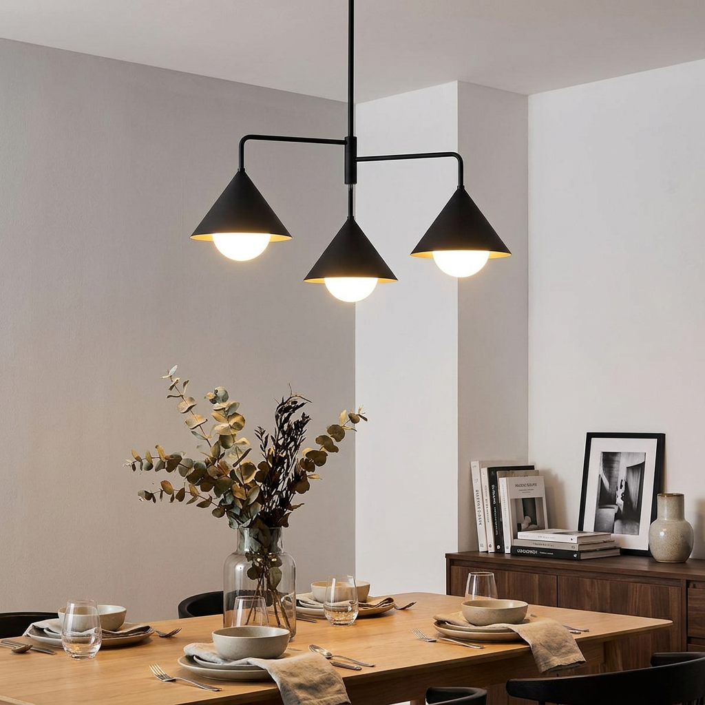 Black three-light chandelier with conical shades and globe bulbs over a set wooden dining table in a modern room.