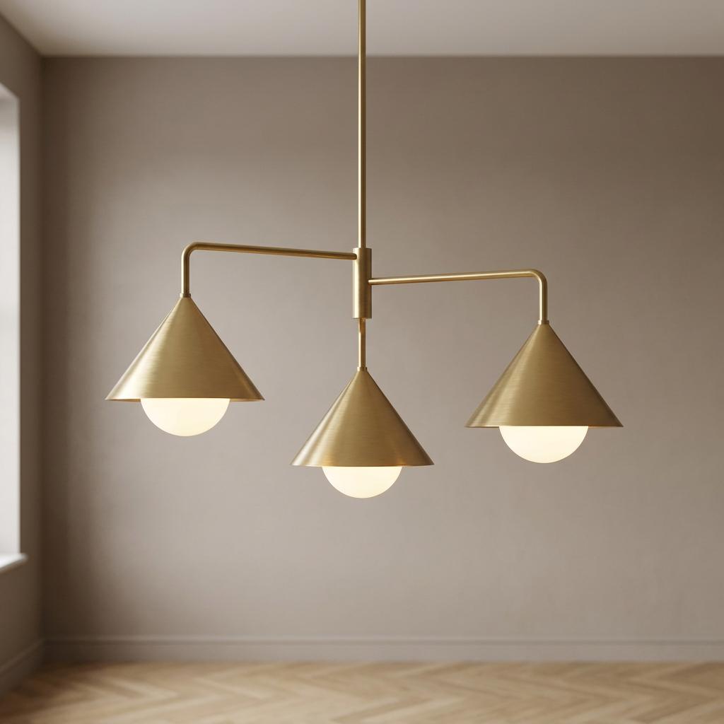 Alora Mood Remyck 3-light gold chandelier with conical shades and globe bulbs in a minimalist room.