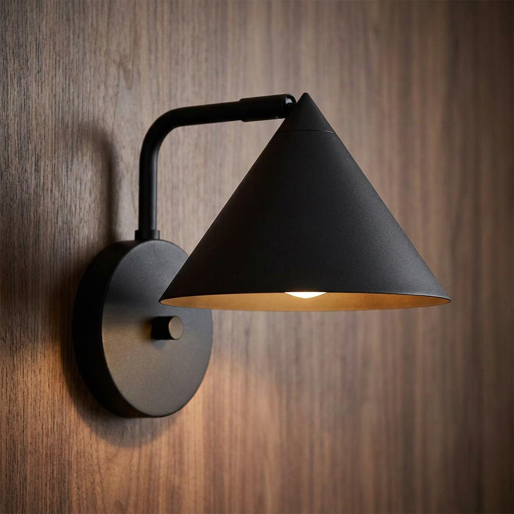 Matte black conical wall light with a curved arm mounted on a wood-paneled wall, emitting a warm glow.