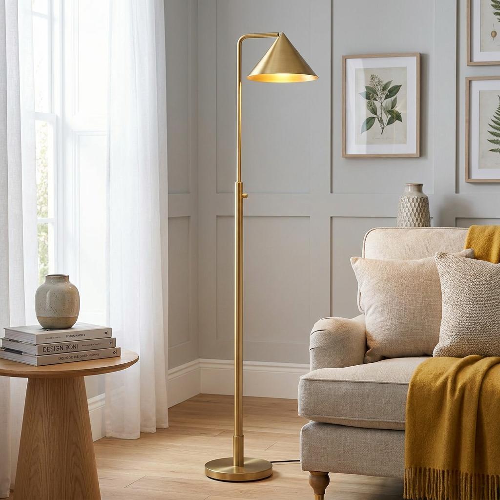 Tall gold floor lamp with a conical shade standing next to a beige armchair in a bright, modern living room.