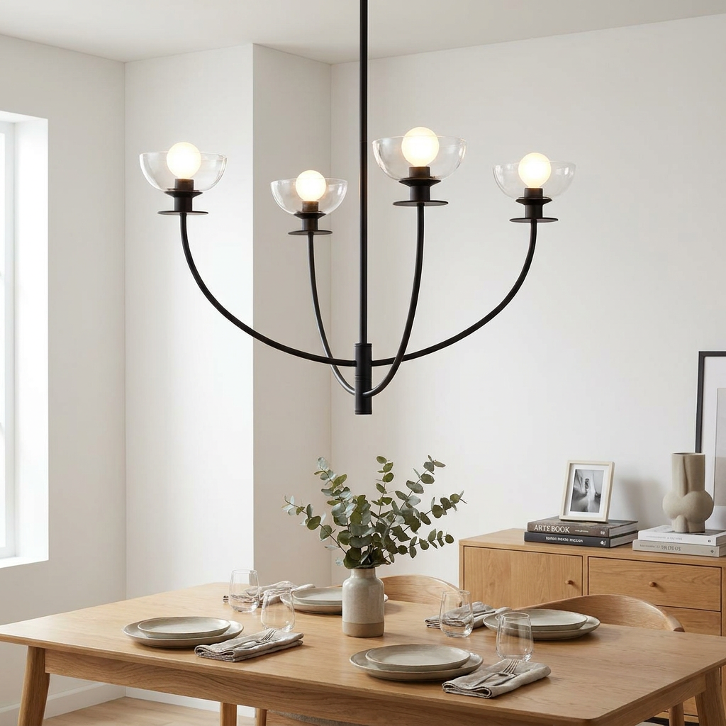 Alora Mood Sylvia 4-light black chandelier with clear glass shades hanging above a modern wooden dining table.
