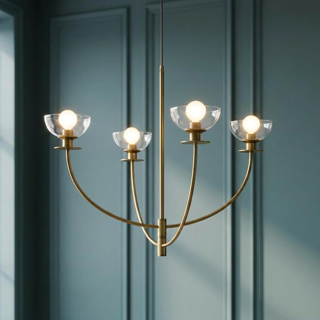 A gold four-light chandelier with curved arms and clear glass bowl shades against a blue paneled wall.