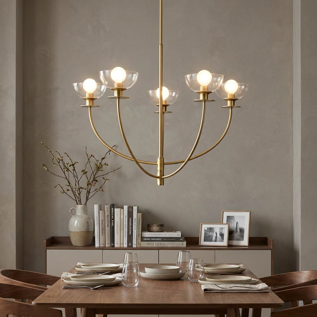 Gold chandelier with clear glass shades over a modern dining table in a warm, neutral dining room.