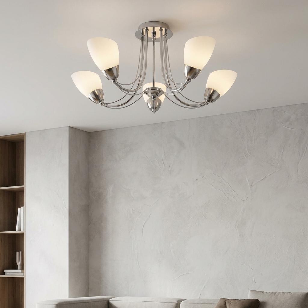 Altair 5 light chrome semi-flush ceiling light with white shades in a modern living room setting.