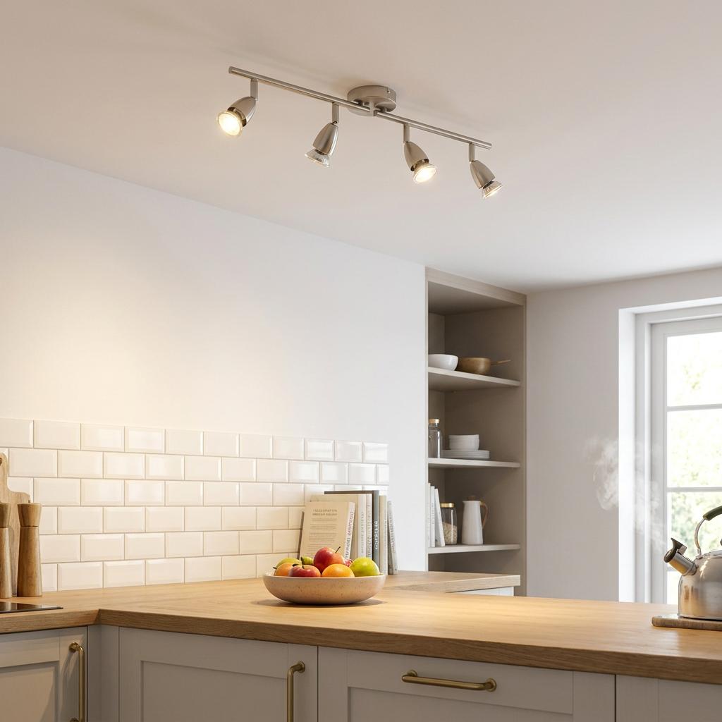 Amalfi 4 Light Nickel Bar Spotlight mounted on a white ceiling over a modern kitchen countertop.