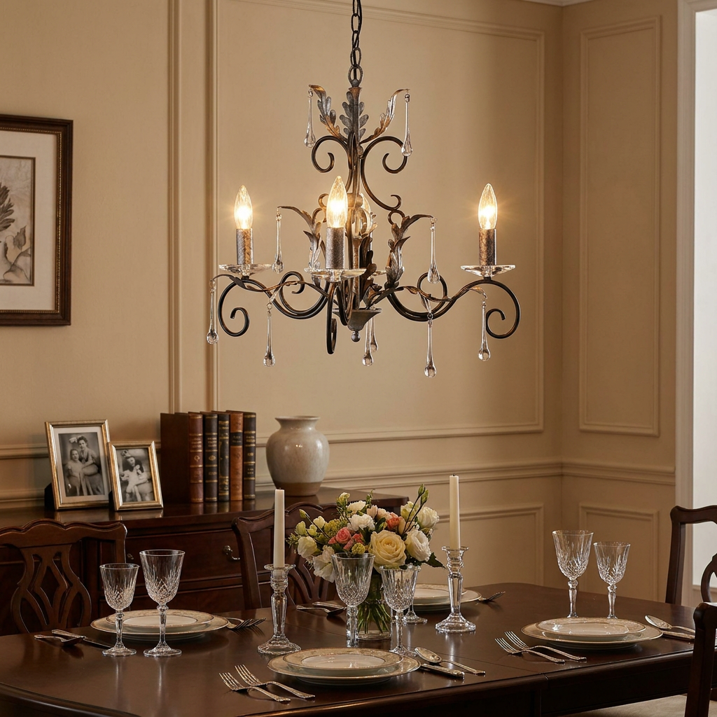 Ornate black and silver 3-light chandelier with crystal droplets hanging over a set dining room table.