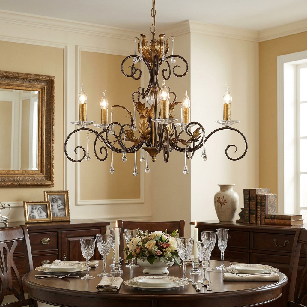 Amarilli 5 light gold and bronze chandelier with crystal droplets over an elegant dining table.