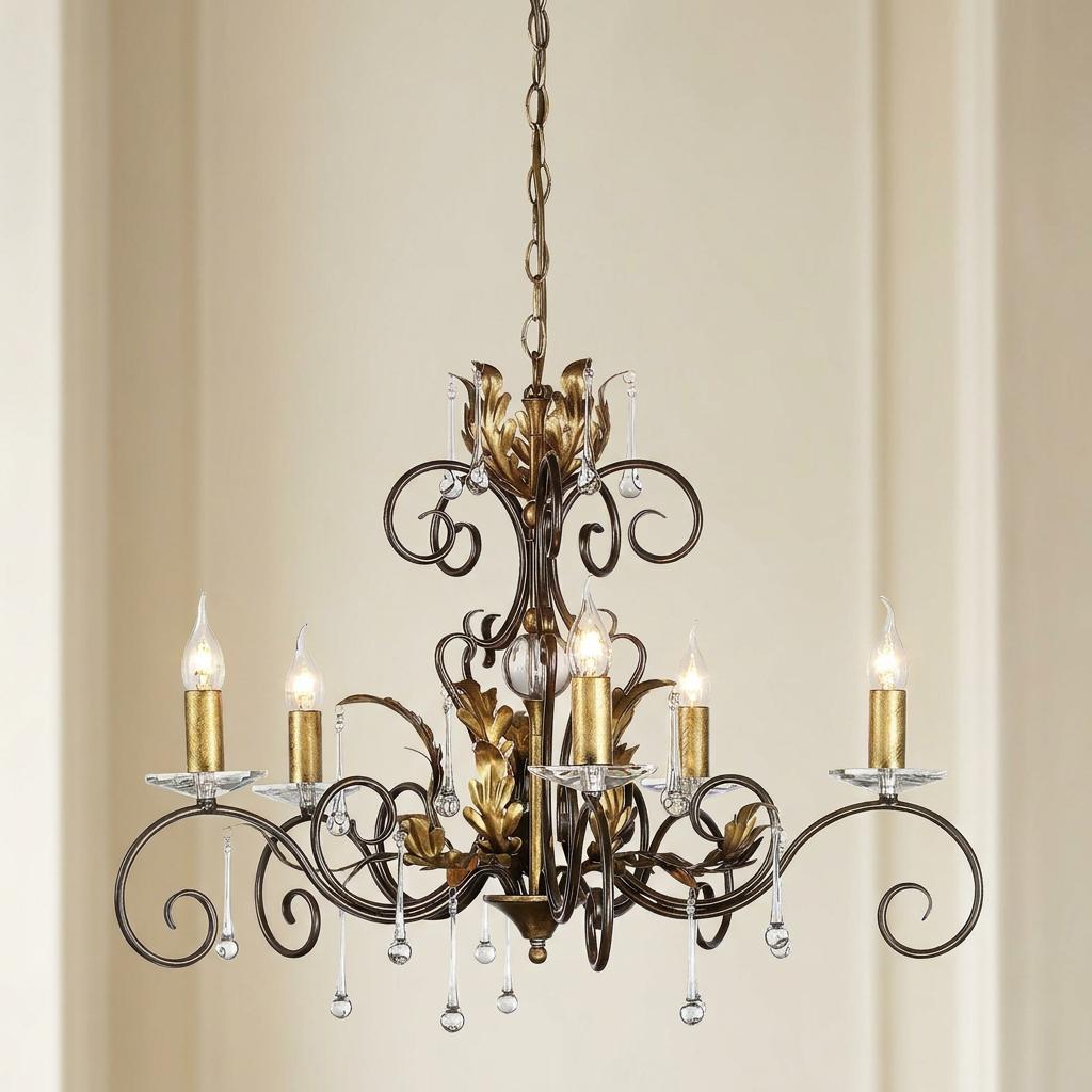 Amarilli 5-light chandelier in gold and bronze finish featuring scrollwork, crystal drops, and oak leaf details.