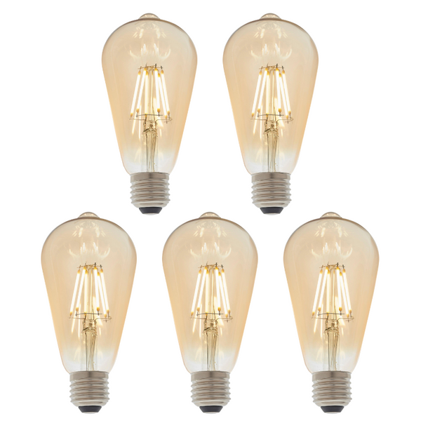 5 X E27 LED Filament Amber Pear Shaped Dimmable 6w Light Bulb