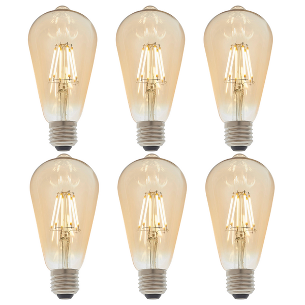 6 X E27 LED Filament Amber Pear Shaped Dimmable 6w Light Bulb