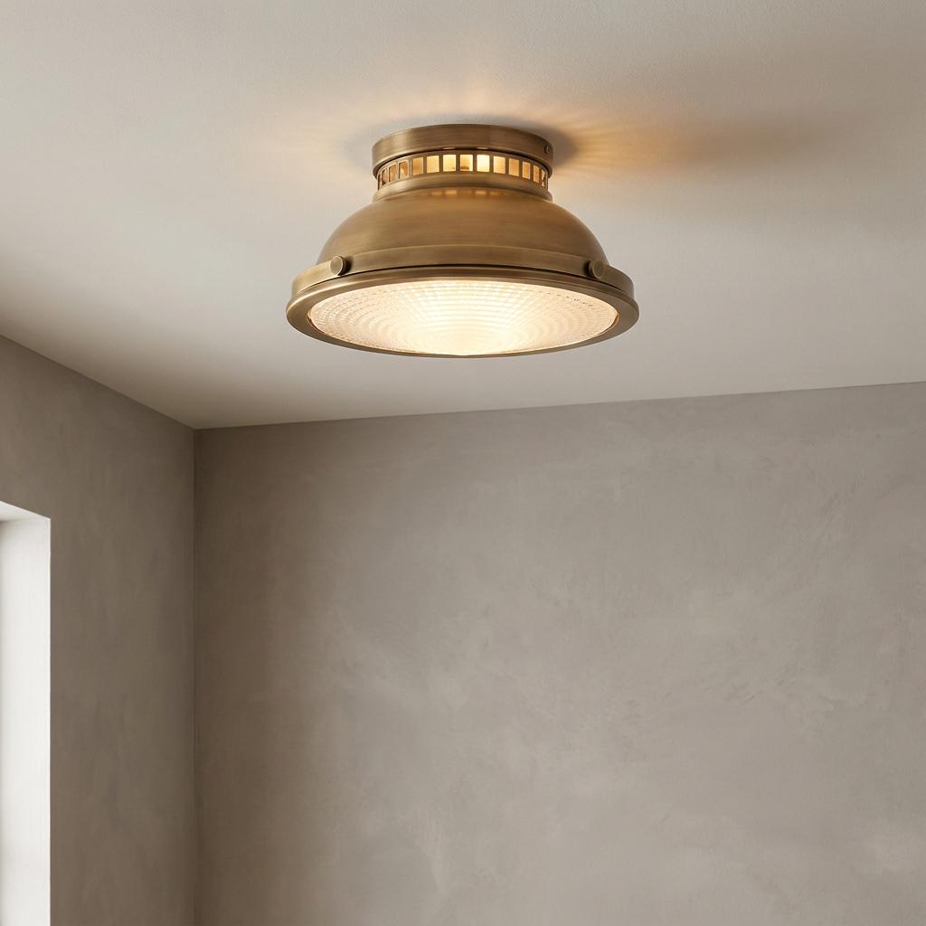 Amelia Brass Flush Ceiling Light with a domed metal frame and ribbed glass diffuser mounted on a neutral ceiling.