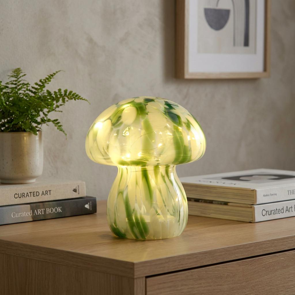 A green and white marbled glass mushroom table lamp lit up on a wooden desk next to books and a plant.