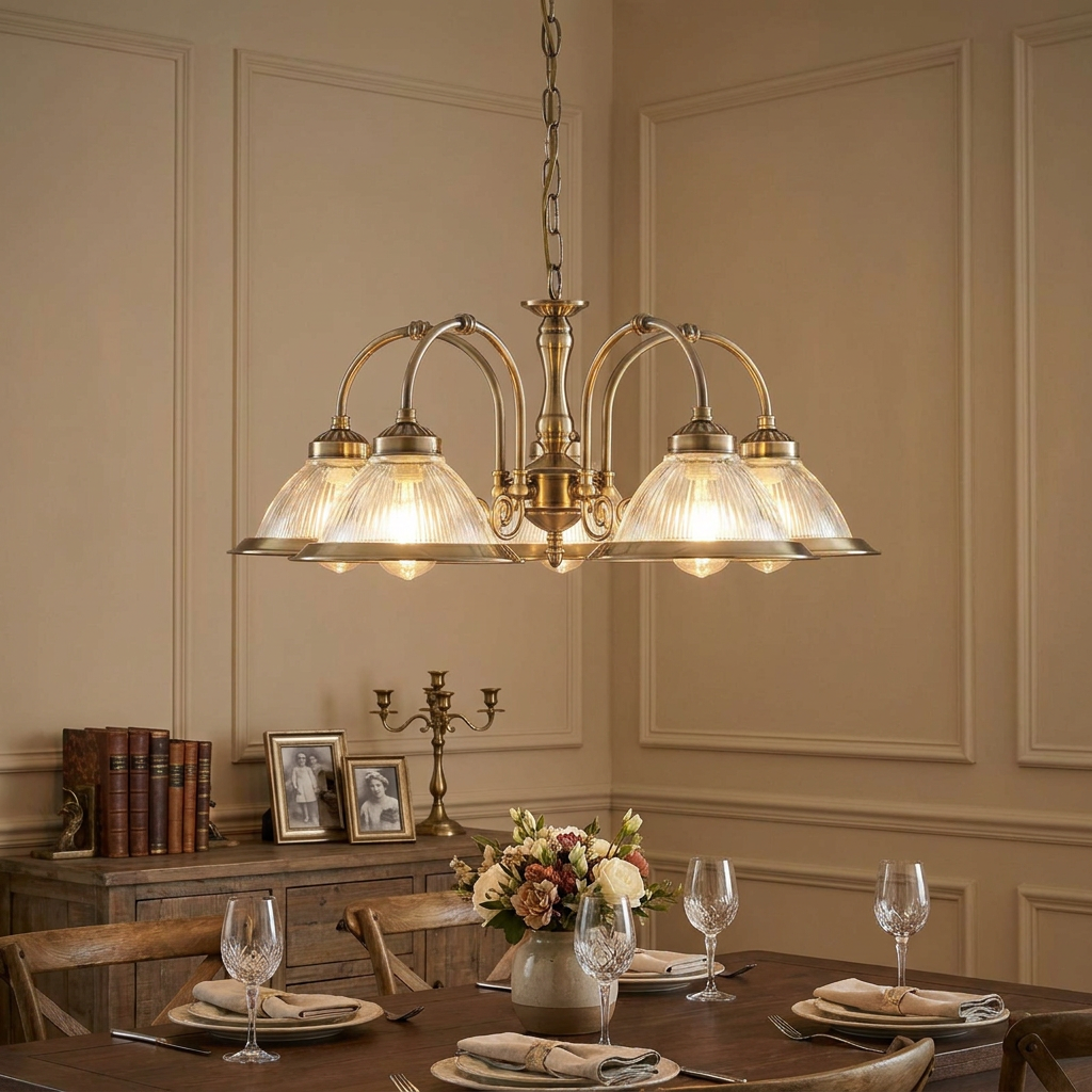 Antique brass 5-light ceiling pendant with ribbed glass shades hanging over an elegantly set dining table.