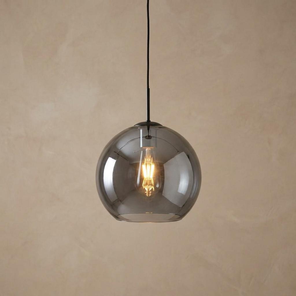 Amsterdam 1 Light Round Black Pendant - Smoked Glass Shade-OB-180926