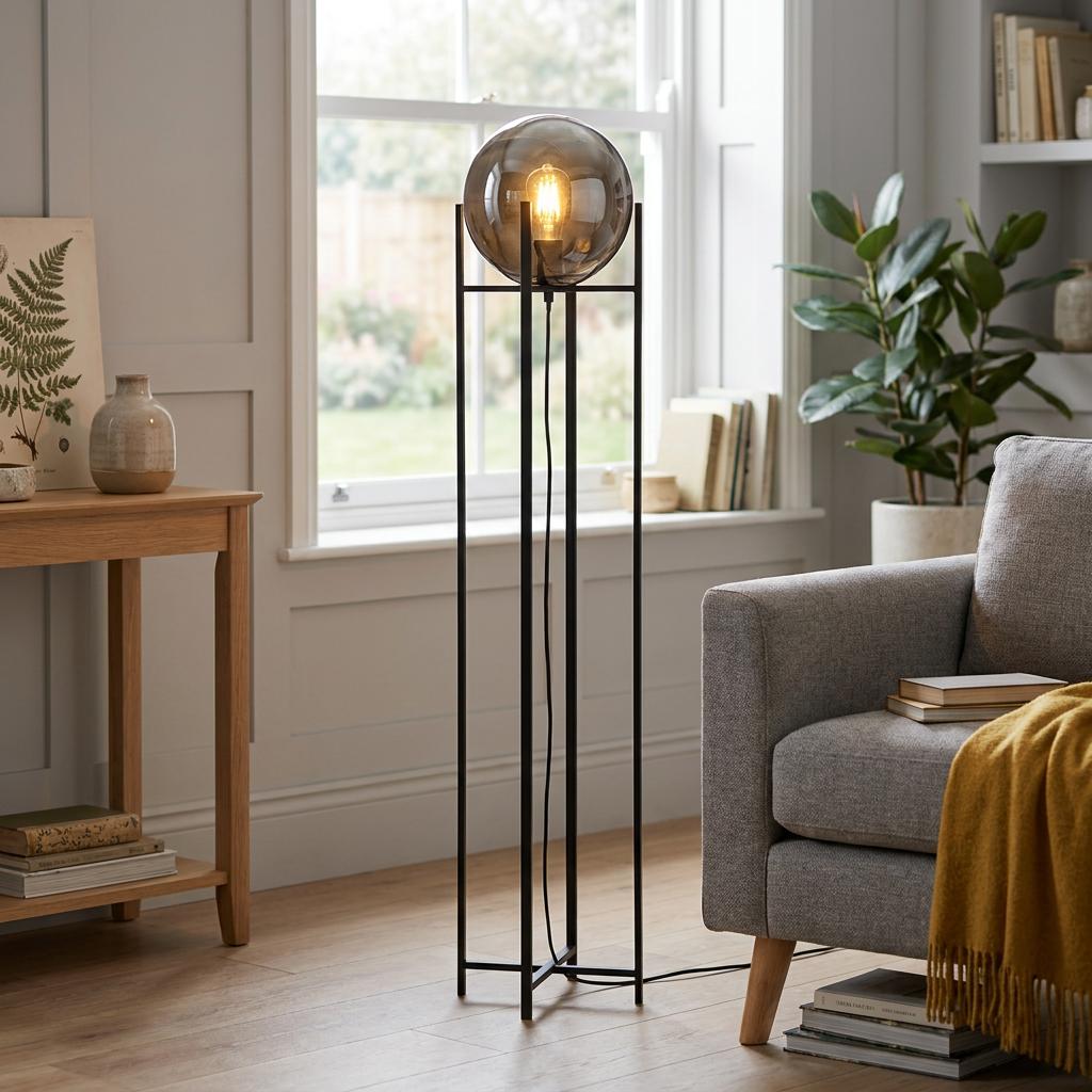 Amsterdam modern black floor lamp with a smoke glass globe shade standing in a bright living room.