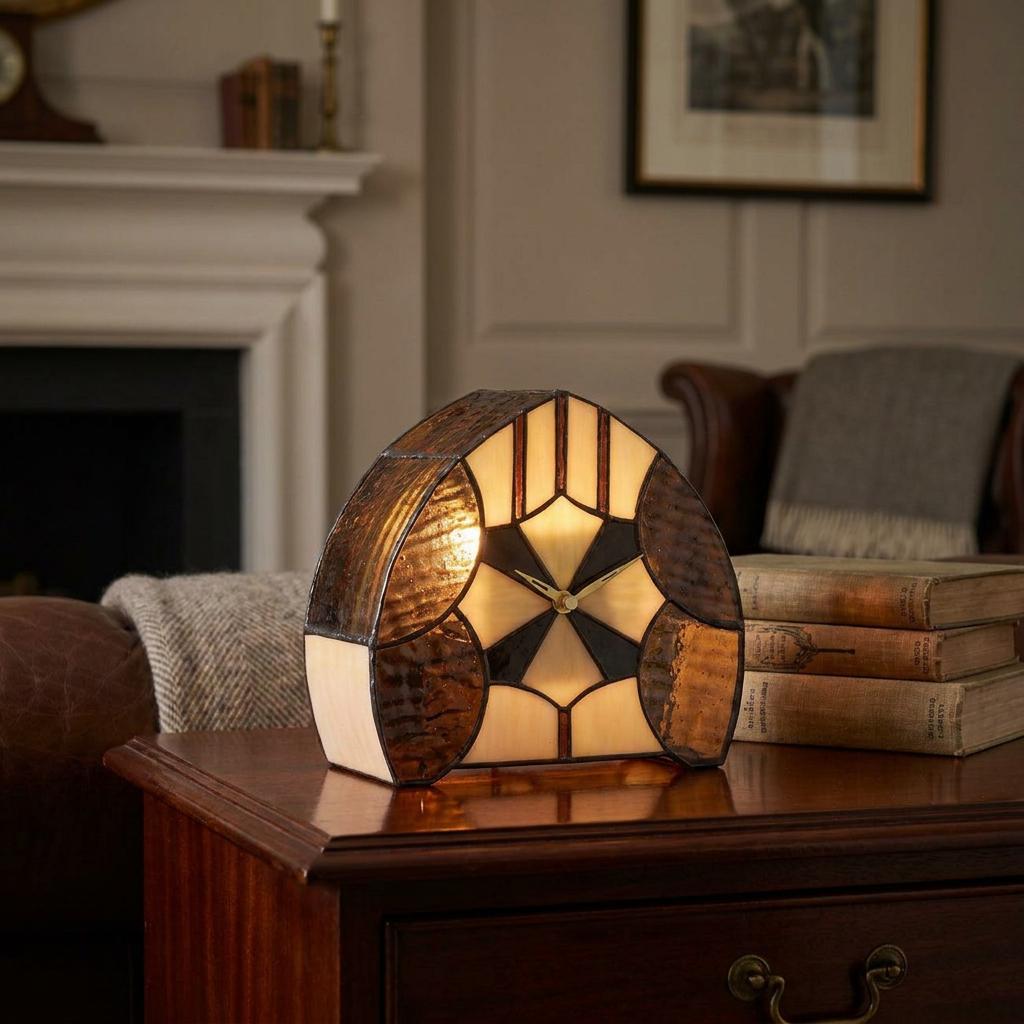 Arched Art Deco Tiffany lamp clock with stained glass patterns glowing on a wooden table beside antique books.