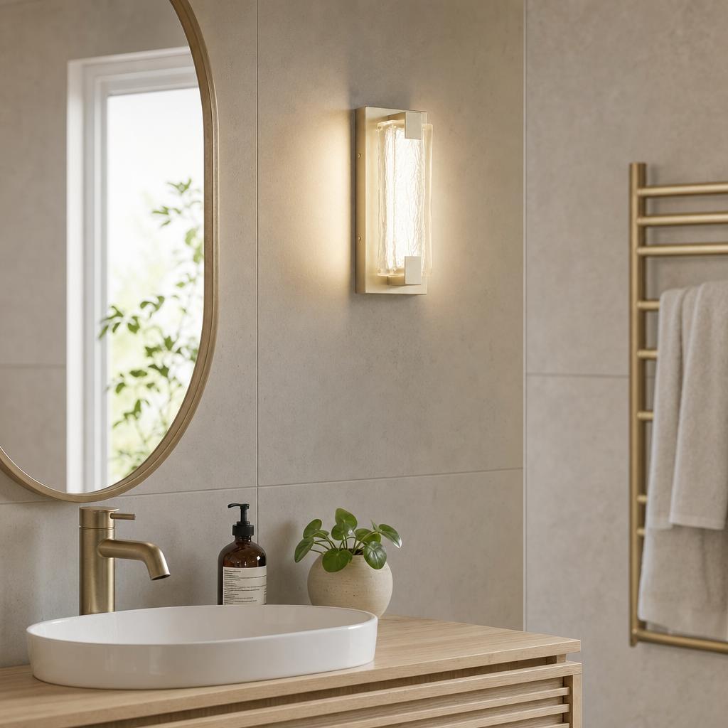 A glowing textured glass wall light with a gold base in a modern bathroom setting near an oval mirror.