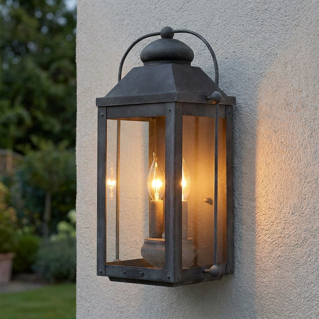 Antique-style outdoor wall lantern with two lit candle bulbs mounted on a textured light grey wall.
