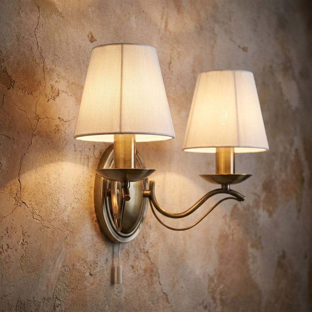 Two-light antique brass wall sconce with cream fabric shades illuminating a rustic, textured plaster wall.