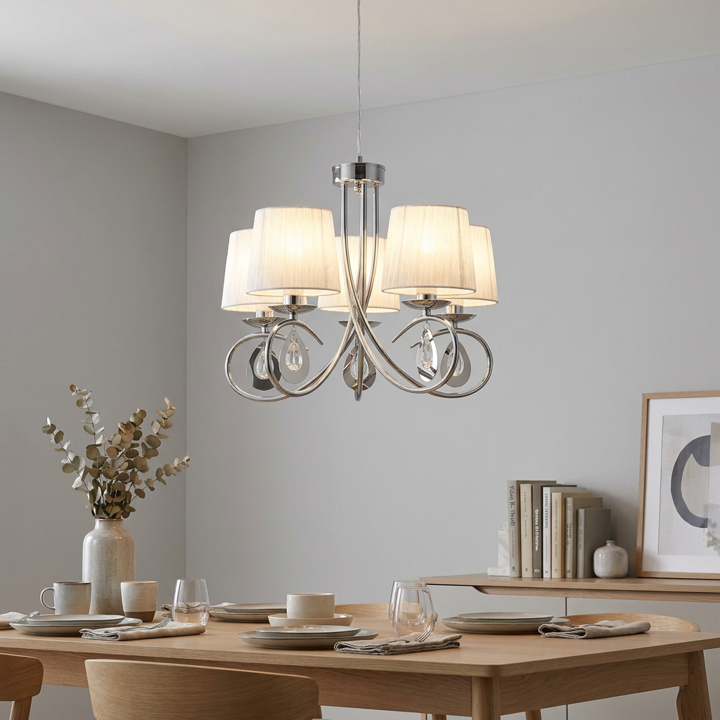 A five-light chrome chandelier with white shades and crystals hanging above a modern dining table.