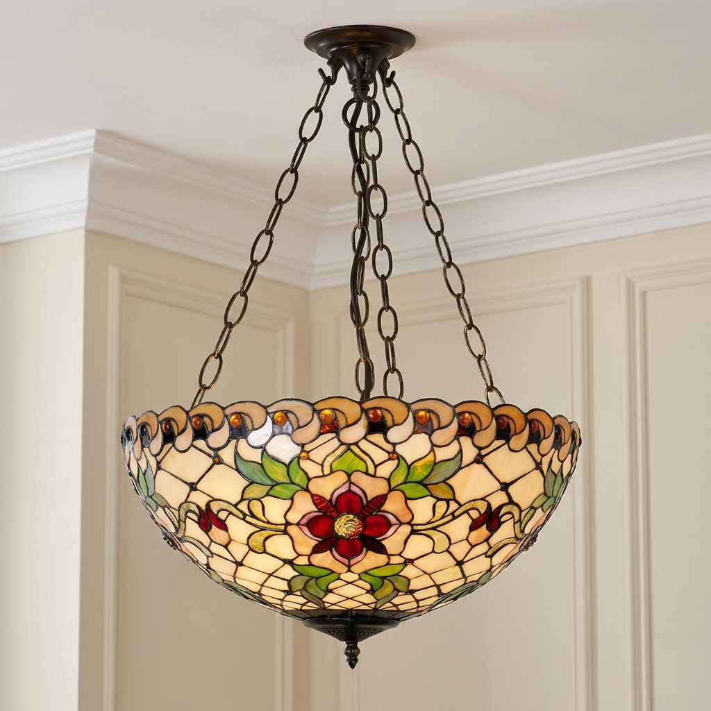Angelique inverted Tiffany ceiling light with floral stained glass bowl hanging from adjustable bronze chains.