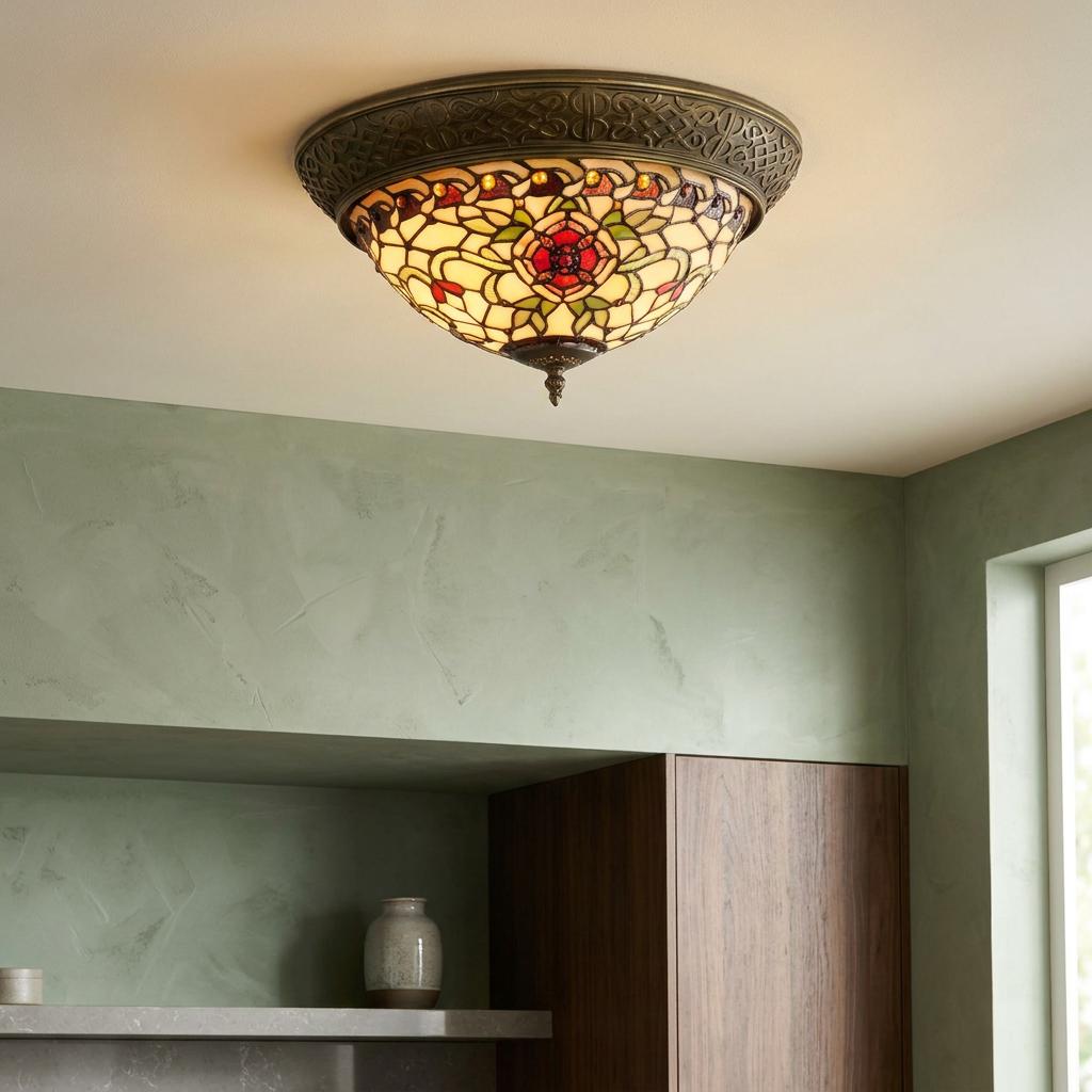 Angelique Tiffany flush ceiling light with a floral stained glass shade mounted on a neutral ceiling.