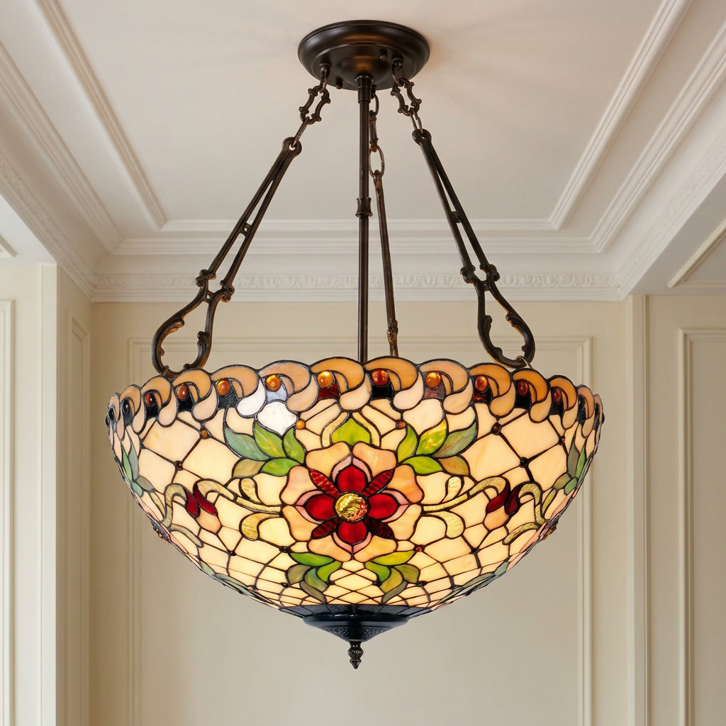 Inverted Tiffany glass ceiling light with a vibrant floral pattern hanging by decorative dark chains from a white ceiling.