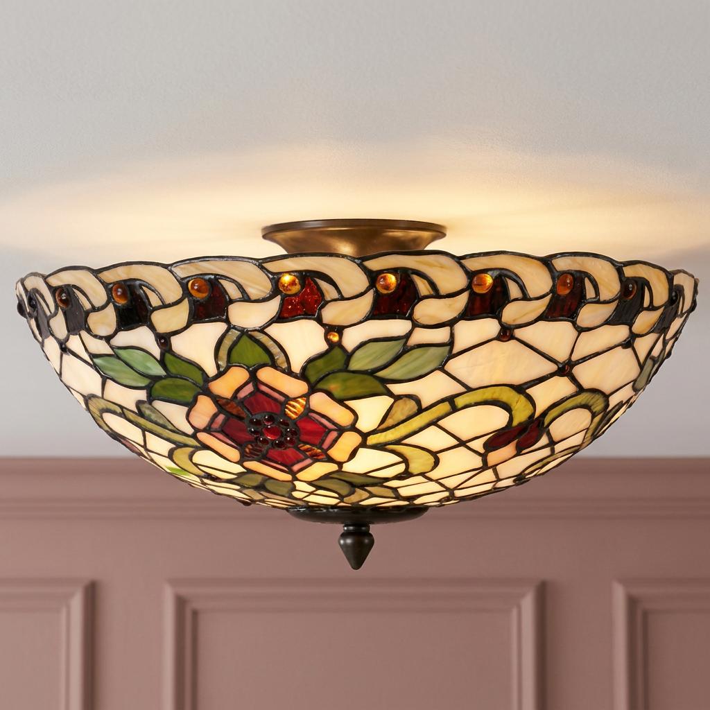 Large semi-flush Tiffany ceiling light with a vibrant floral stained glass shade and bronze finish.