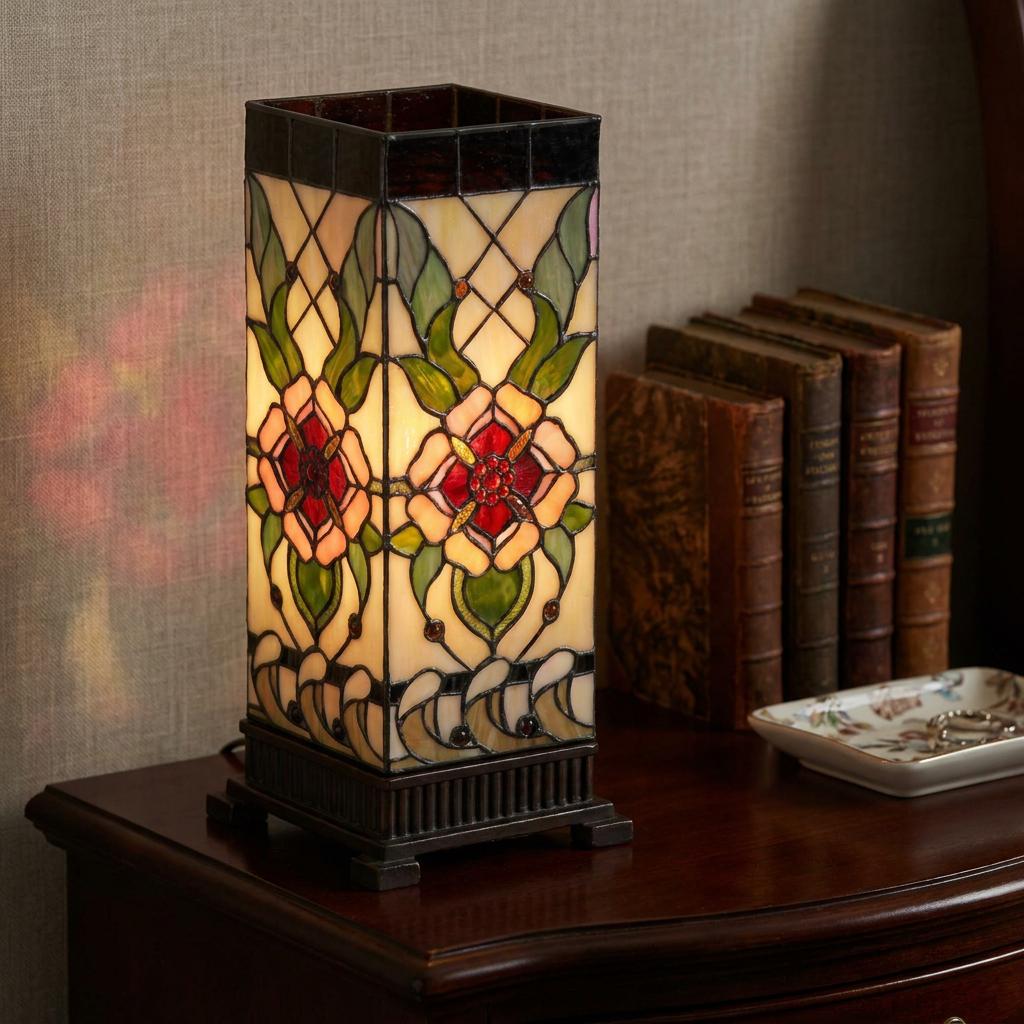 Illuminated square Tiffany lamp with red rose stained glass on a dark wood table beside old books.