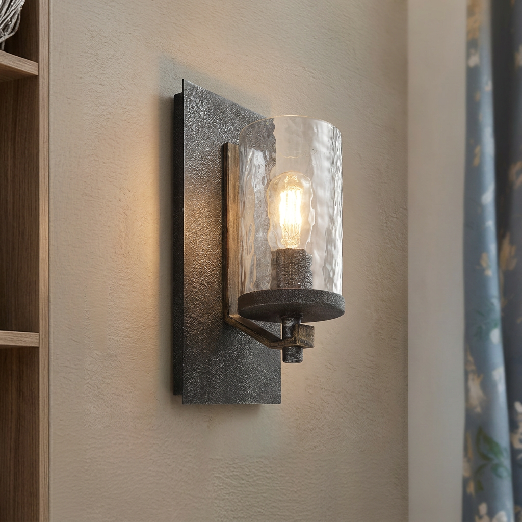 Industrial wall sconce with a textured metal plate, wooden arm, and hammered glass cylinder shade.