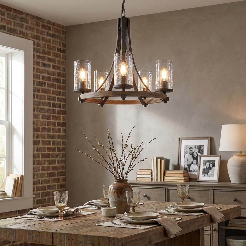 Angelo 5-light metal and wood chandelier with glass shades hanging in a rustic dining room over a wooden table.