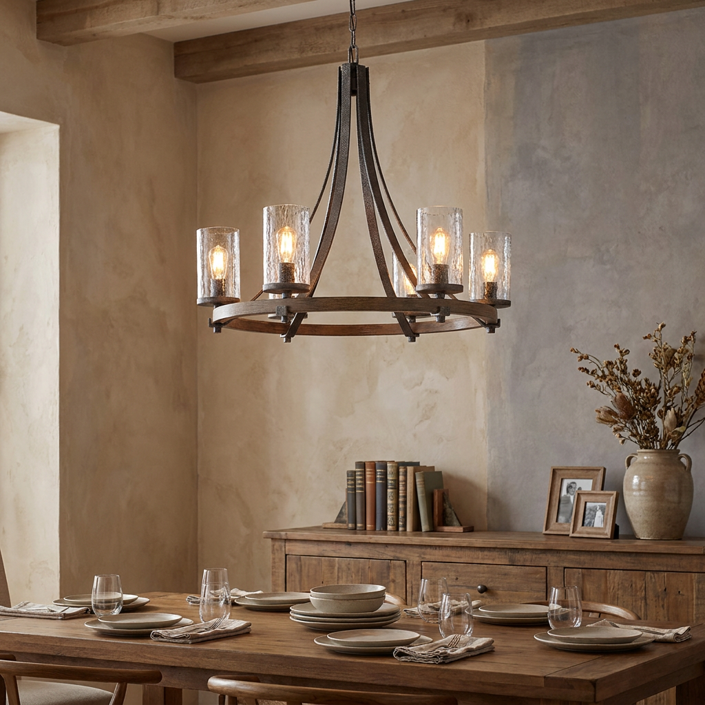 Angelo 6-light metal and wood chandelier hanging above a rustic dining table in a warm, textured room.