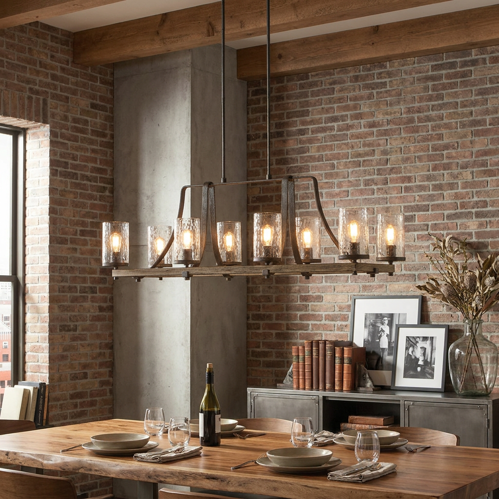 Industrial 9-light metal and wood chandelier with glass shades hanging over a rustic wooden dining table.