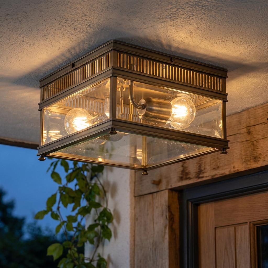 Square antique brass and glass flush-mount outdoor ceiling light illuminated on a porch at dusk.