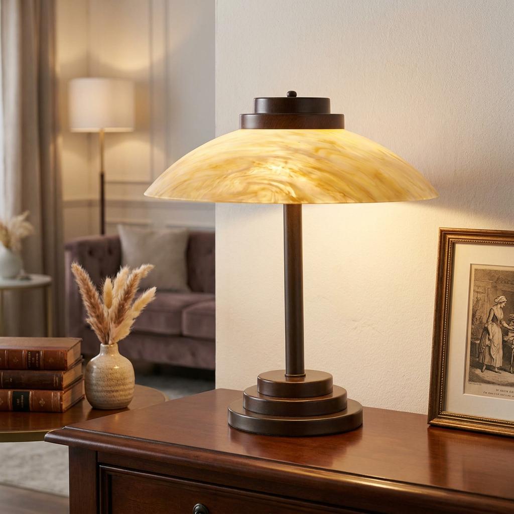 Antique bronze table lamp with a marbled amber glass shade sits on a wooden sideboard in a cozy living room.