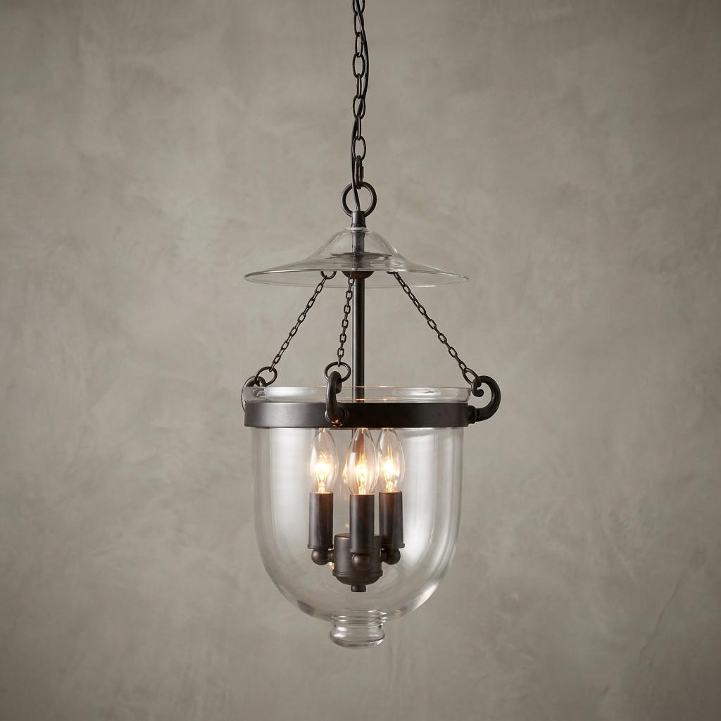 Antique bronze Georgian ceiling lantern with three glowing bulbs and a clear glass shade against a textured wall.