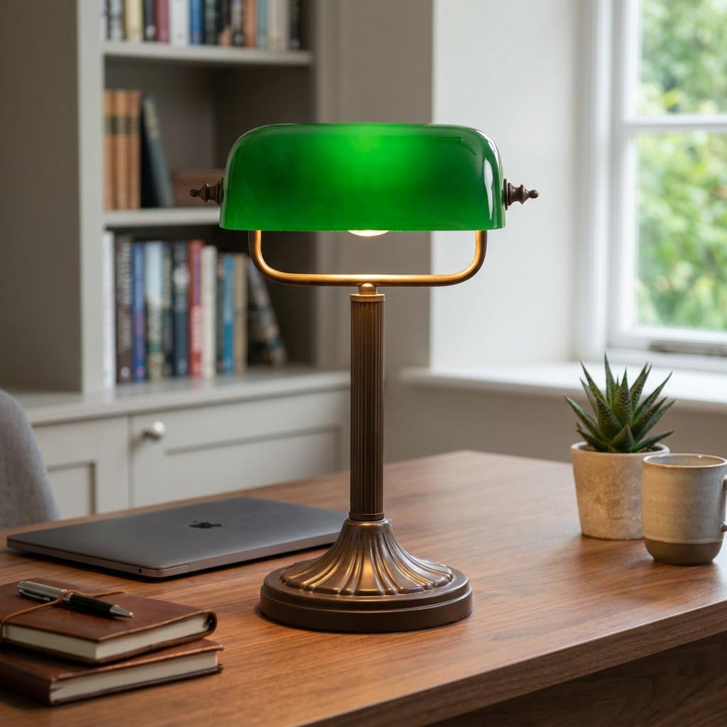 Antique bronze banker's lamp with an illuminated green glass shade on a wooden desk in a home office.