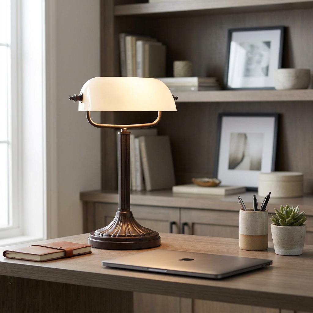 Antique bronze banker's lamp with a glowing white glass shade on a wooden desk in a home office.