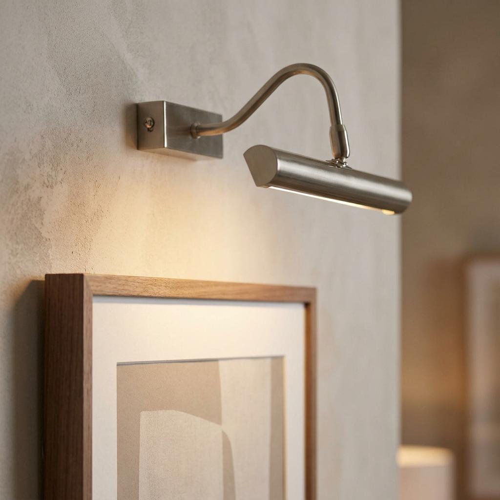 Antique chrome picture light with a curved arm illuminating a framed artwork on a neutral wall.