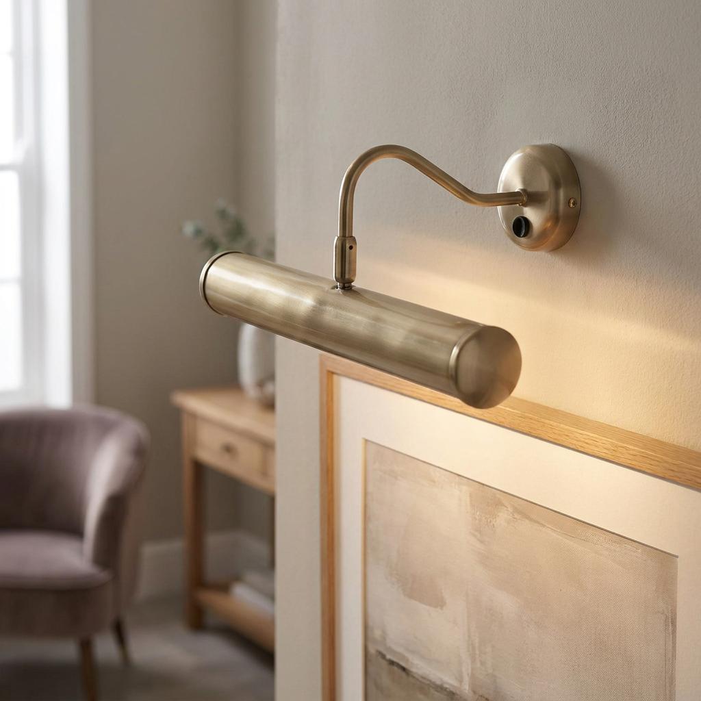 Antique chrome picture light with a curved arm illuminating a framed painting in a domestic interior.
